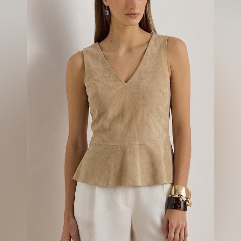 LRL Ralph Lauren Genuine Leather Suede Goat V-Neck Camel Beige Vest Top XL 14 16